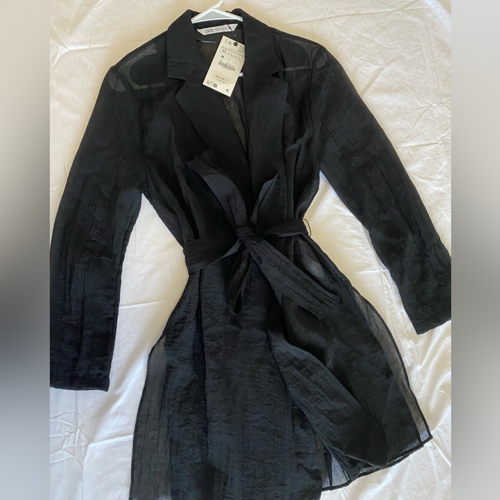 Zara Black Semi-sheer Minimalist Belted Blouse Relaxed long sleeves belt XS NWT - Picture 4 of 16